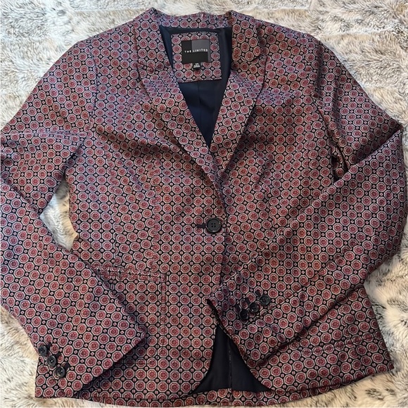 The Limited Fitted Women's Blazer XS Red and Navy Blue Geometric Print - Picture 2 of 8